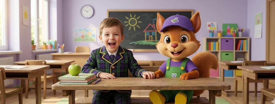 Băiat vesel în uniformă școlară stând la bancă alături de mascota Yoopy