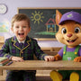 Băiat vesel în uniformă școlară stând la bancă alături de mascota Yoopy