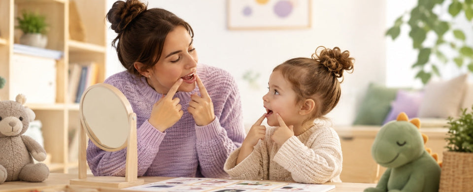 Mama îl învață pe copil să pronunțe litera r
